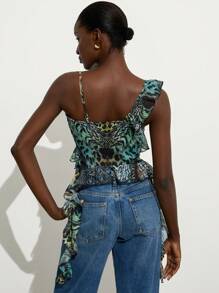 Aveloria Modichic Tropical Fantasty Green Leopard Ruffle Trim Asymmetric Spaghetti Strap V-Neck Sleeveless Blouse, Multi-Layer Drape Ruffle, Music Festival Party Fierce Sexy Cami Tops For Ladies