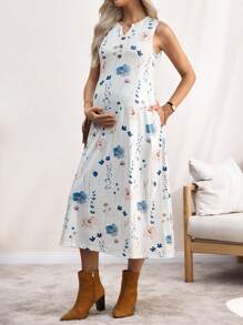 SHEIN فستان كاجوال أكمام بلا للحوامل مطبوع بنقوش الزهور متوسط الطول لارتداء العطلات - أبيض - مشاهدة 4