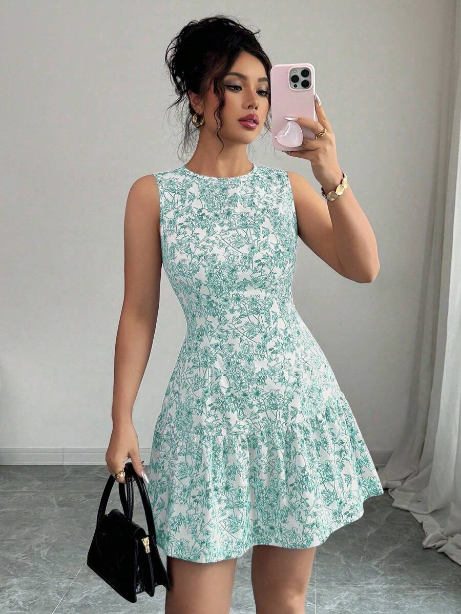 SHEIN Elenzya Váy ngắn không tay thắt lưng họa tiết hoa Pháp thanh lịch phong cách Bohemian mới dành cho nữ, trang phục cho mùa tốt nghiệp, mùa hè, mùa xuân - màu xanh lá - Xem 1