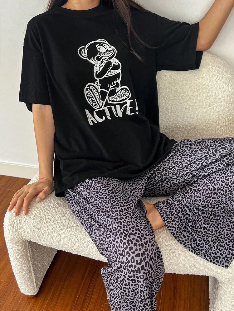 Women's Cartoon Bear Graphic Loose Tee And Leopard Print Pajama Pants Sleepwear Set