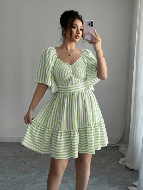 Elenzga Rochie midi elegantă, casual, cu talie subțire, primăvară/vară, cu dungi albastre și albe, mânecă scurtă, pentru femei
