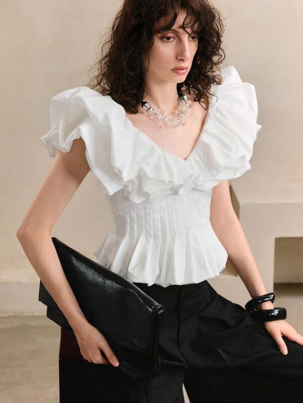 Arave Gewebte unifarbene Bluse mit weitem V-Ausschnitt, geraffter Taille, asymmetrisch, elegant, niedlich, Lässig, Urlaubs-/Ausgeh-Look für Frauen, Frühling & Sommer