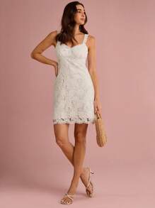 Enchnt 夏/秋浪漫女士白色花朵镂空刺绣蕾丝甜心颈带可爱迷你连衣裙 - 白色 - 查看 3
