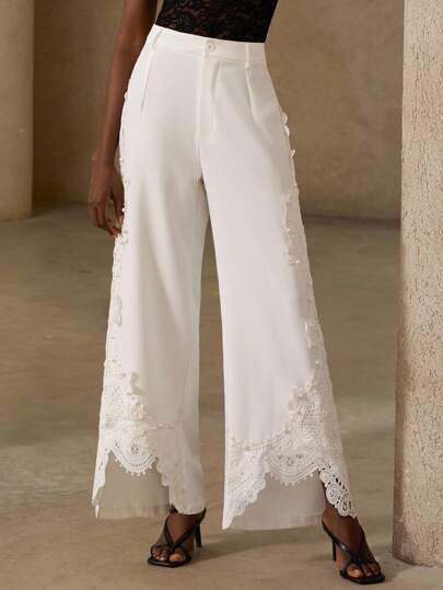 Aveloria Lace Trim Patchwork Trousers With Beads, Elegant Office Commuter Casual Long Pants Fall Cloth For Women