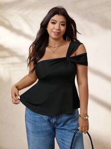 Calvaya Camiseta casual de mujer de talla grande con unicolor y cuello asimétrico