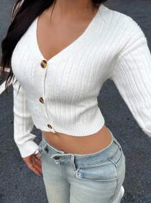 SHEIN Autumn V-Neck Contrast Color Cute Y2k Babydoll Cardigan Slouchy Girl Button-Up Knitted Sweater White Cropped Ribbed Fall Winter Sixth Form - White - View 4