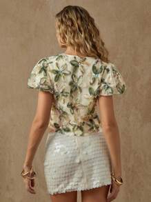 Glamine Blusa de mujer con escote en V, mangas abombadas y bordado floral verde, elegante y de moda para el verano