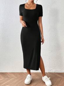 SHEIN PETITE CURVE Black Knitted Midi Dress With Square Neck And Side Slit For Casual Petite Women Petite Black Dress Petite Dress With Slit Petite Curve Dress Petite Midi Dress Black Midi Dress With Slit - Black - View 5