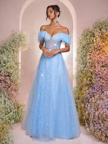 Glamrae Elegant Blue Sequin Embroidery Fabric One Shoulder Large A-Line Ball Gowns,Luxurious Formal Dinner Dresses For Wedding Guests & Birthday - Army Green - View 4