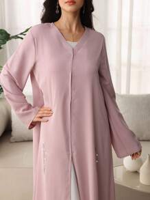 Al Najma 女士宽松优雅刺绣黑色休闲长袍 - 粉色 - 查看 7