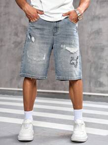 Manfinity Homme Quần short denim ống rộng túi rách thoải mái cho nam - Rửa nhẹ - Xem 6