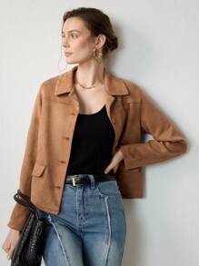 Uhlyne Jaqueta Corta-Vento Retrô e Clássica Feminina com Design de Moeda Antiga, Design Elegante com Botões e Bolsos Falsos, Cor Sólida Minimalista Adequada para Ir e Vir