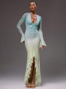 MUSERA Extreme Plunge Ruche Front Split Frill Detail Long Dress , Sexy Summer Ibiza Holiday Cute Vacation Wedding Guest Night Out Birthday, Date Night - Multicolor - View 1