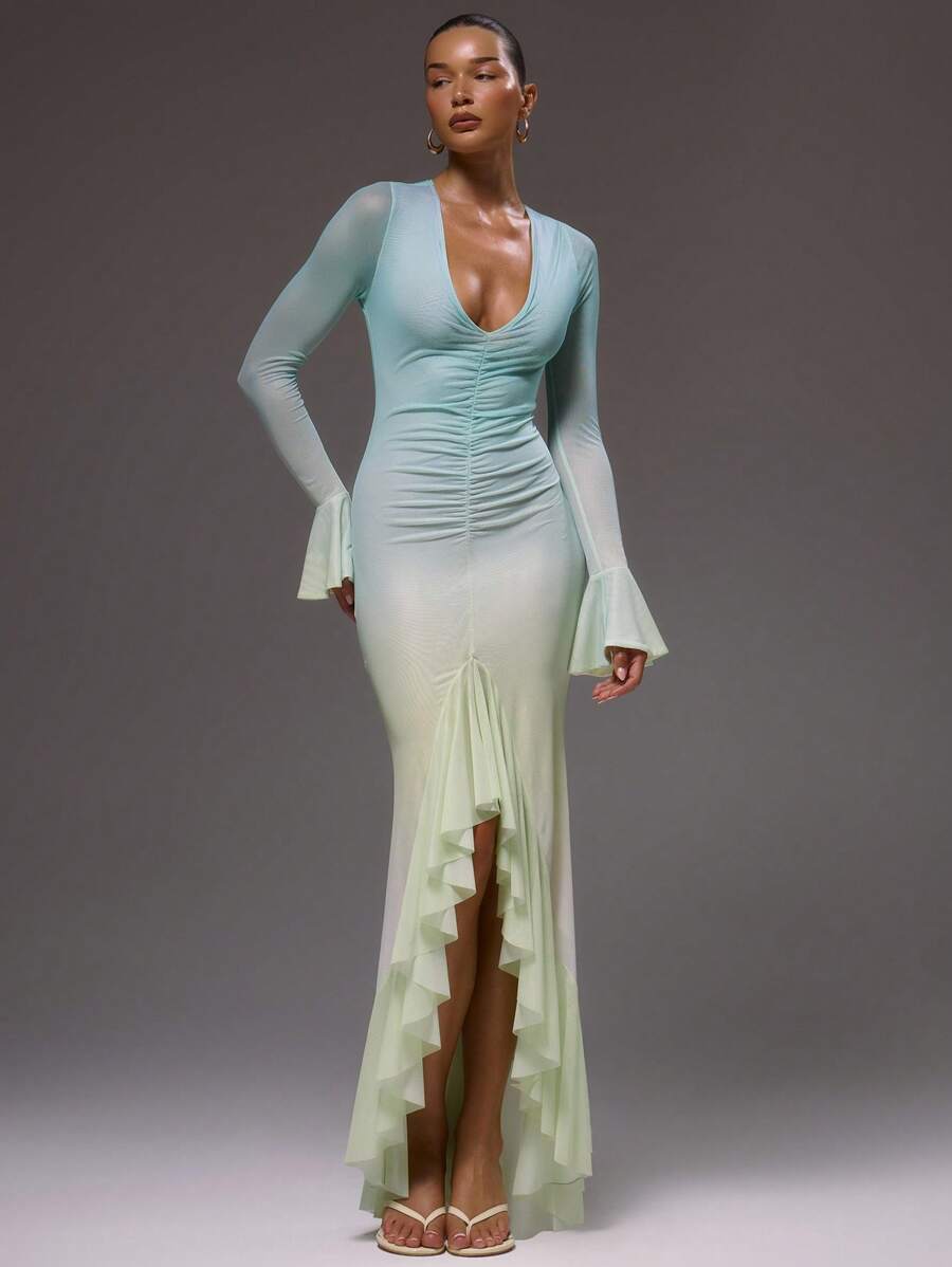 MUSERA Extreme Plunge Ruche Front Split Frill Detail Long Dress , Sexy Summer Ibiza Holiday Cute Vacation Wedding Guest Night Out Birthday, Date Night - Multicolor - View 1