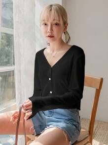 DAZY Solid Color V-Neck Slim Fit Short Crop Top Long Sleeve T-Shirt Summer - Black - View 4