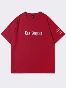 Manfinity EMRG Men's Summer Casual T-Shirt With Letter Print, Round Neck And Drop Shoulder Sleeve - Burgundy - View 2
