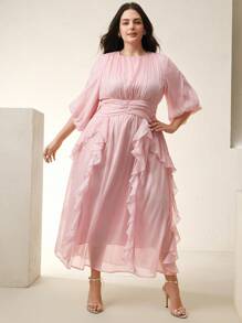 Anewsta 优雅女士泡泡袖高腰A字连衣裙，粉红色，优雅 - 粉色 - 查看 3