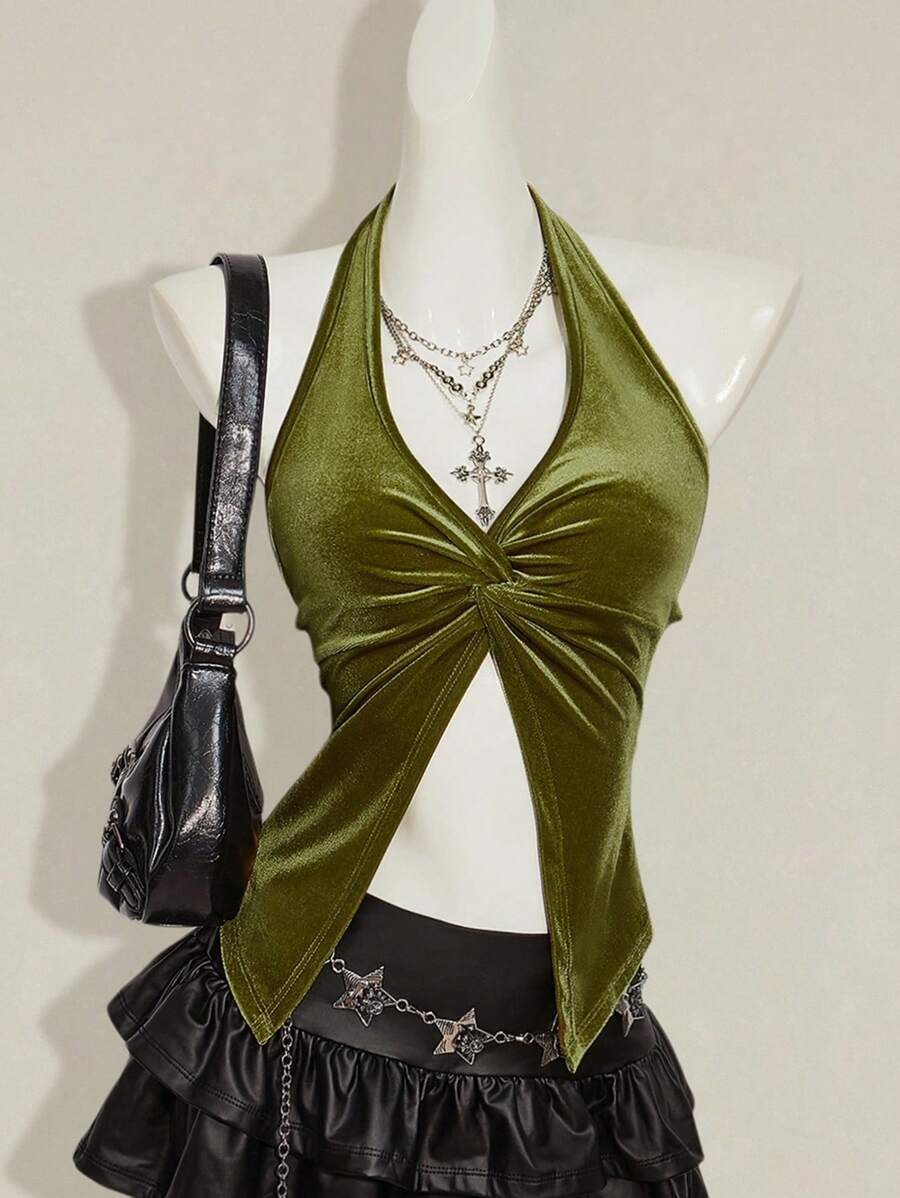 SHEIN ICON 优雅性感纯色扭结开衩天鹅绒露背上衣 - 軍綠色 - 查看 1