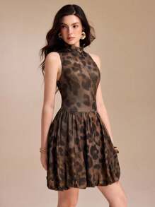 VERO DIAZ Leopard Print Balloon Mini Dress Mockneck Backless - Multicolor - View 5