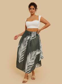 SHEIN VCAY Plus Size Women Fashionable Leaf Printed Skirt - Multicolor - View 3