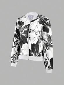 EMERY ROSE Women's Floral Print Long Sleeve Zipper Collar Baseball Jacket Fall Winter Cloth For Women - Black and White - View 4