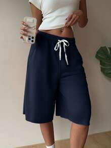 SHEIN EZwear 海军蓝大码女式休闲抽绳百慕大短裤 - 藏蓝色 - 查看 1