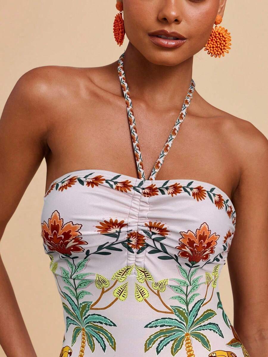 Travachic Women's Backless Tropical Print Halter One Piece Swimsuit For Beach & Resort - Beige - View 1