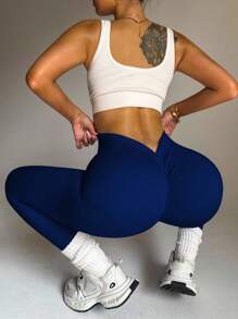 Dewbera 纯色高腰简约无缝运动紧身裤，休闲日常穿着瑜伽女裤