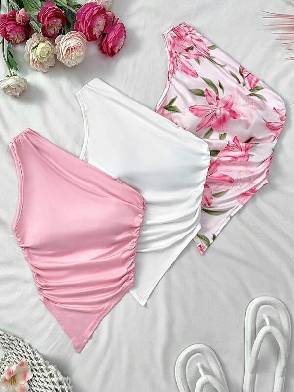 SHEIN Conjunto de 3 peças de blusas de camisola casuais para meninas adolescentes com estampa floral branca e rosa, cor sólida, adequadas para o verão, férias e roupas de feriado