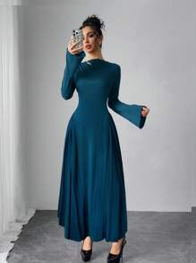 Modelyn 女士优雅孔雀蓝褶饰摆裙 - 藍色 - 查看 5