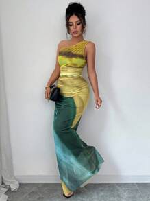 Rafferiza Graduated Color High Slit Asymmetric Collar Ruched Tulle Dress Maxi Women Outfit Summer Dress - Light Yellow - View 5