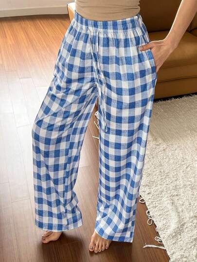 DAZY 女式简约格纹印花松紧腰宽松阔腿休闲裤，秋季睡衣