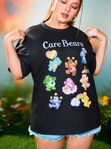 SHEIN X Care Bears 大码女式夏季休闲可爱熊印花短袖 T 恤 - 黑色 - 查看 5