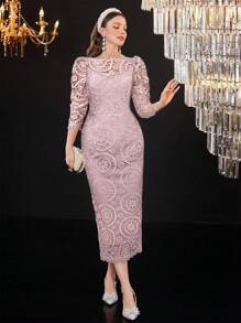 Modelyn Đầm dài tay khoét rỗng màu trơn thời trang cho nữ Đầm dạ hội dài - Hồng - Xem 4