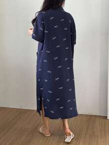 DAZY 可爱熊猫图案印花褶皱面料女士睡衣，哞哞睡裙 - 藏蓝色 - 查看 2