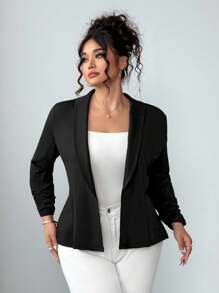 Elenzga Plus Size Women Casual Minimalist Notch Collar Jacket, Commuter Style Winter Fall Autumn - Black - View 3