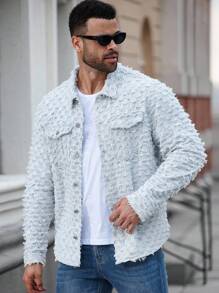 Manfinity Homme Plus Size Men's Front Button Frayed Trim Long Sleeve Denim Shirt, Textured Denim Jacket, Fall - Blue - View 3