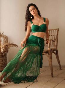 Anewsta Women's Summer Beach Solid Color Ruched Metal Shell Sexy Bikini Set With Cover-Up And Skirt - Green - View 6