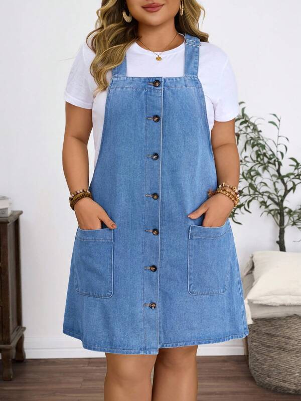 EMERY ROSE Vestido de mezclilla informal de talla grande con bolsillos dobles y cierre de botones delantero