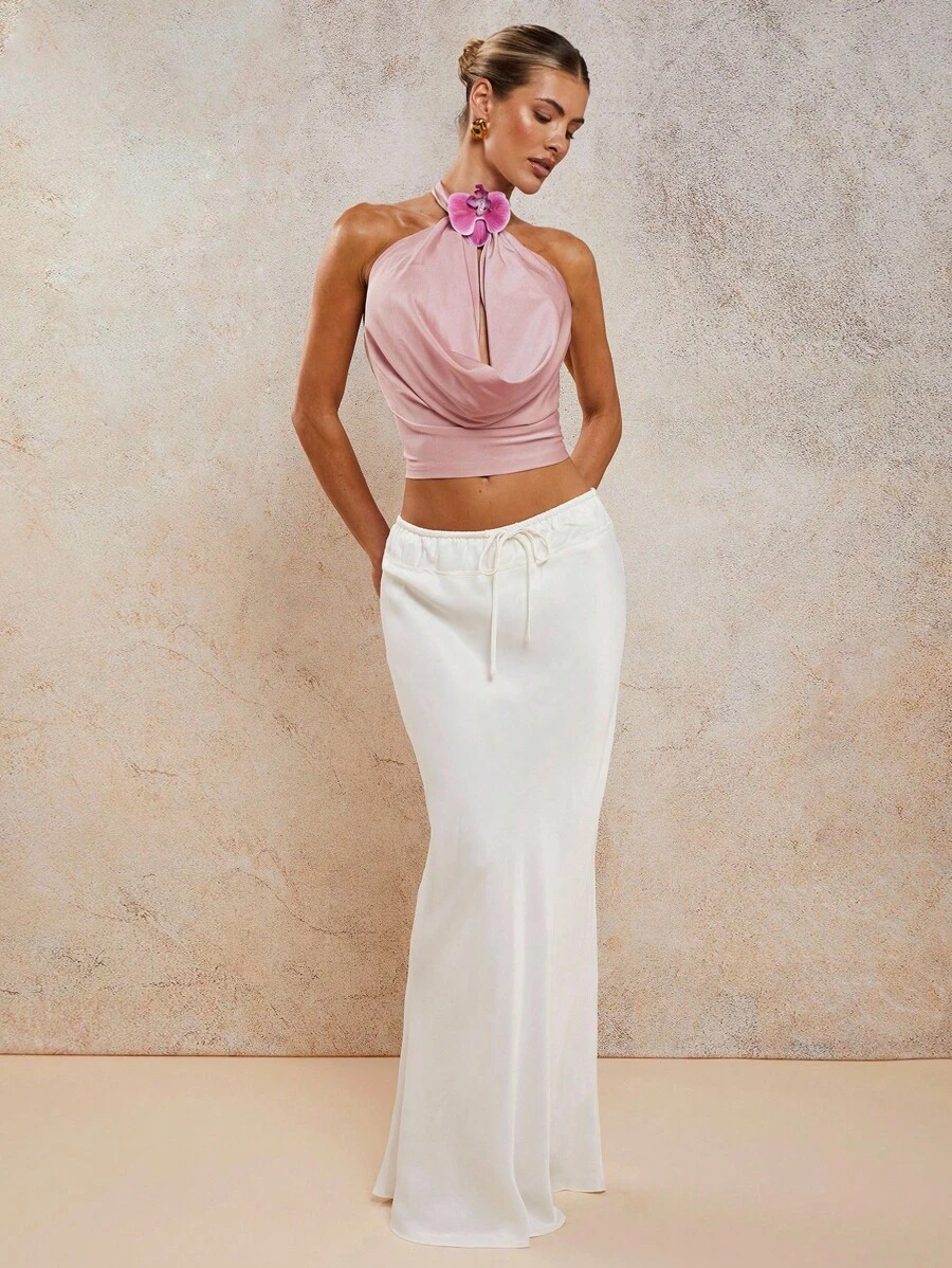 COSMINA Women's 3D Flower Satin Applique Backless Halter Neck Sexy Camisole Top - Pink - View 1