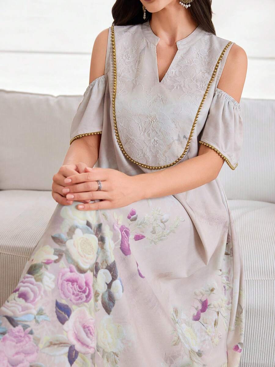 Al Najma 优雅蕾丝拼布蝴蝶印花露肩连衣裙 - 彩色 - 查看 1
