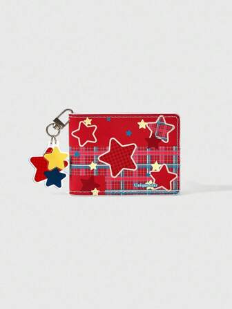 Kawaii Portador de tarjetas multifuncional con estampado de estrella a cuadros rojos estilo Y2K, cartera linda y retro para tarjeta de identificación con colgante de estrella