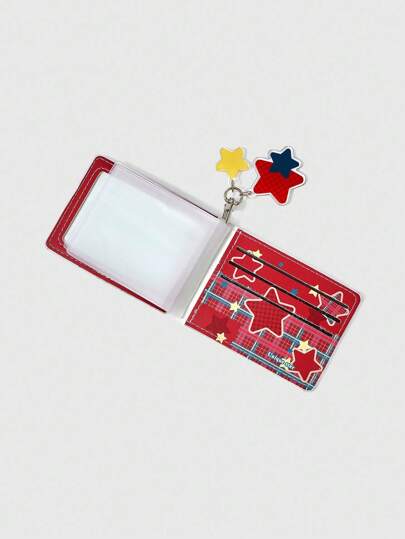 Kawaii Y2K Red Plaid Star Pattern Multi-Functional Card Holder, Cute Retro ID Card Wallet With Star Pendant