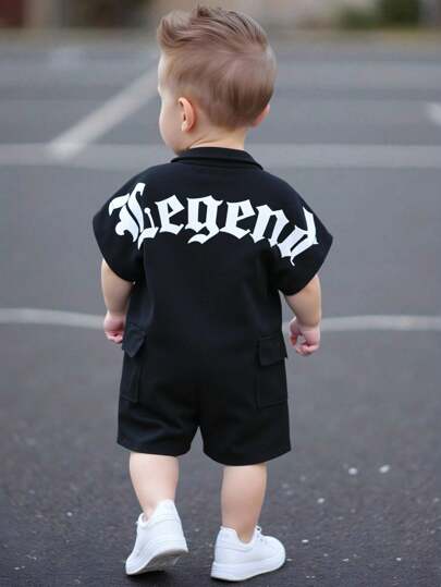 SHEIN Baby Letters Print Knit Soft Collar Short Sleeve Romper With Shorts For Baby Boy And Girl