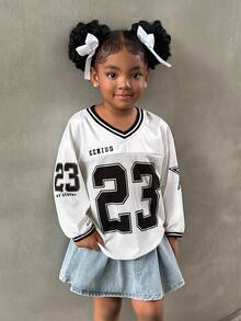 Young Girl Casual Street Style V-Neck Long Sleeve Black & White Letter Print Loose T-Shirt, Sibling Matching Outfits (2 Pieces Sold Separately) Girls Matching Outfits Mom And Daughter Outfits 2 Piece Girls Sets Girls Streetwear Outfits Back To School Outfits - Black and White - View 4