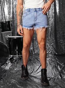 FeverCity Men's Casual Raw Edge Denim Shorts For Summer - Blue - View 3