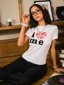 Miss Vinta 女士心形与字母印花短袖上衣和长裤睡衣套装