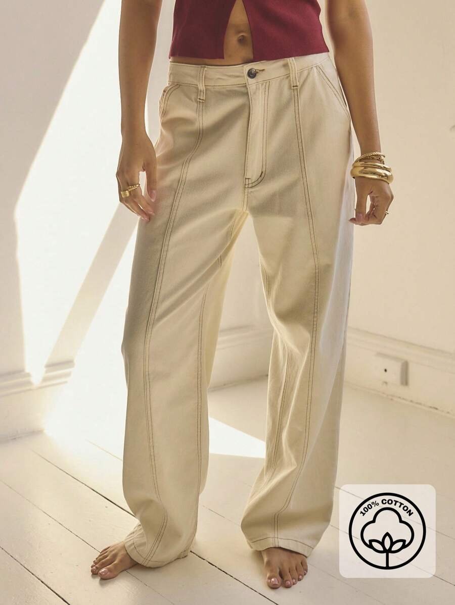 Aralina High Waisted Straight Leg Loose Casual Summer Mineral Wash Denim Pants - Apricot - View 1