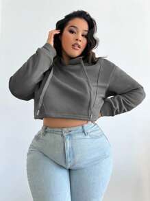 SHEIN SXY 大码短款连帽套头保暖运动衫 - 灰色 - 查看 3