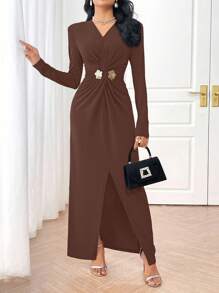 Modelyn Vestido de manga larga de estilo árabe con ajuste de cintura elegante y sencillo para mujer - Café integral - Ver 1